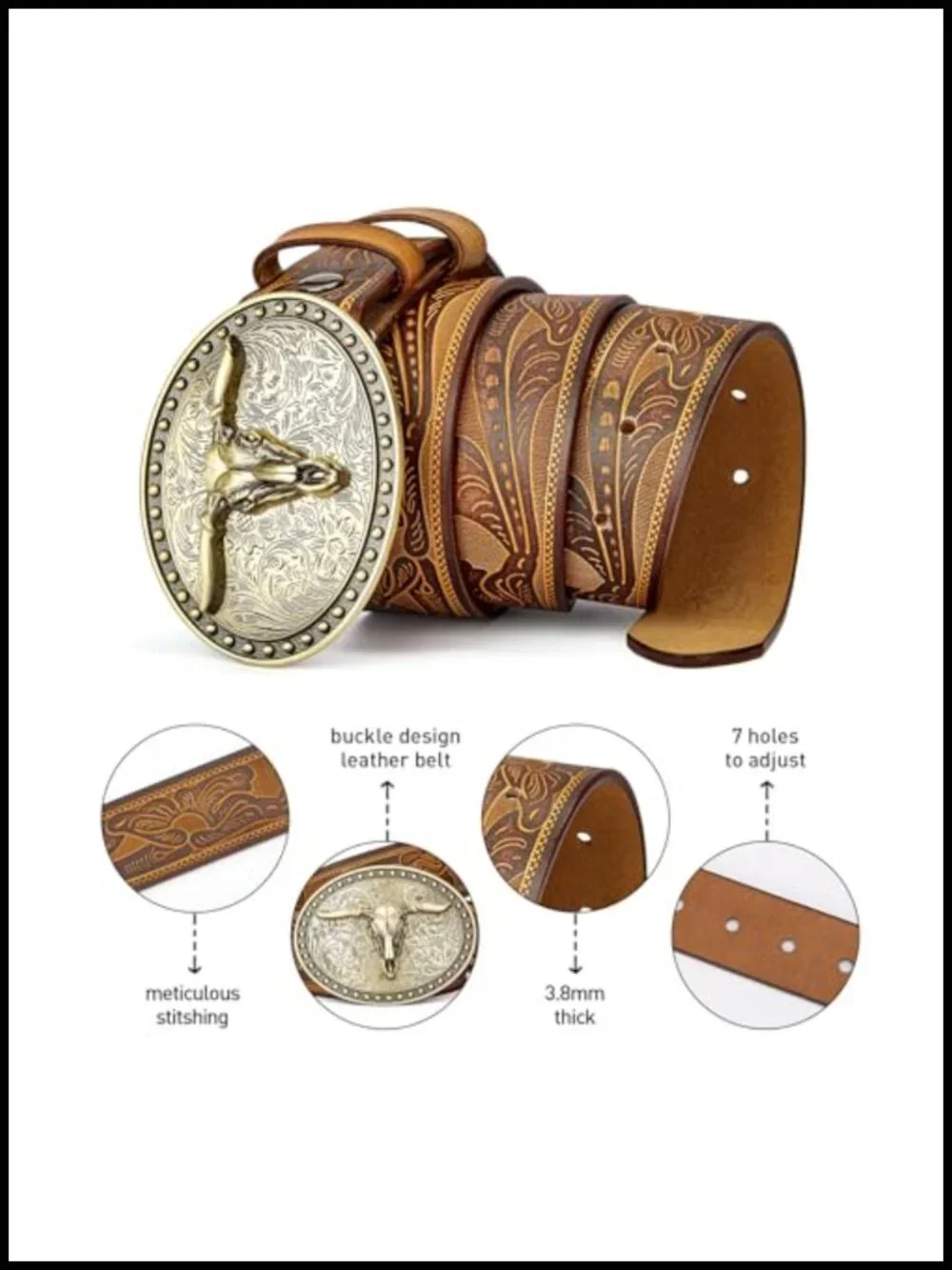 Western Cowboy Leather Belt with Embossed Pattern & Horn Buckle